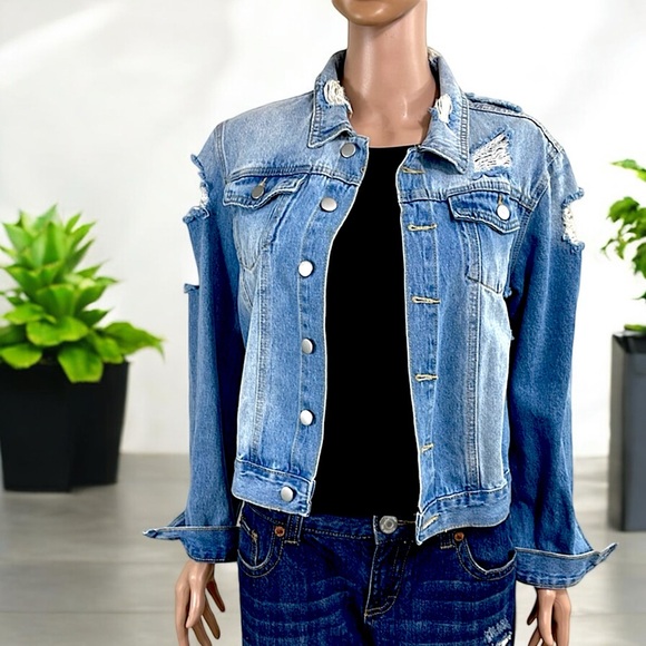 Distressed Tattered Detailing Blue Ripped Button Up Denim Jacket - Picture 9 of 15